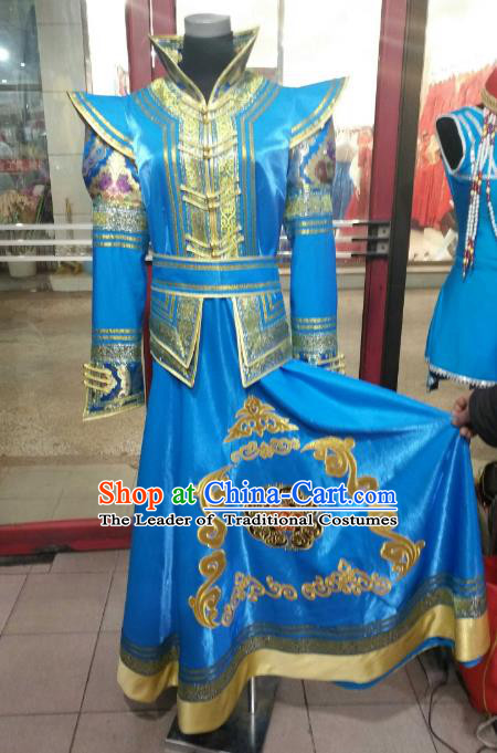 Chinese Traditional Mongolian Costume China Mongol Nationality Folk Dance Blue Mongolian Robe for Women