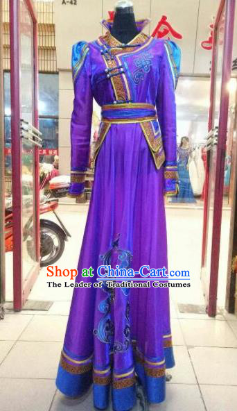 Chinese Traditional Mongolian Wedding Costume China Mongol Nationality Folk Dance Purple Dress for Women