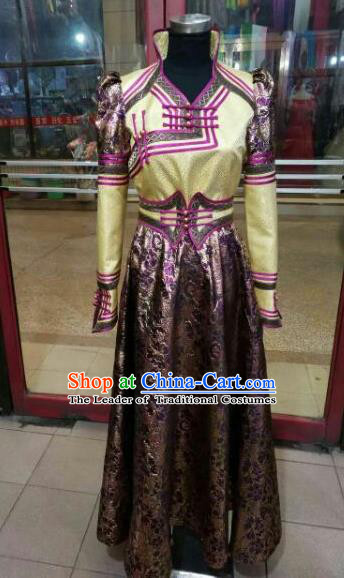Chinese Traditional Mongolian Bride Costume China Mongol Nationality Folk Dance Brown Dress for Women