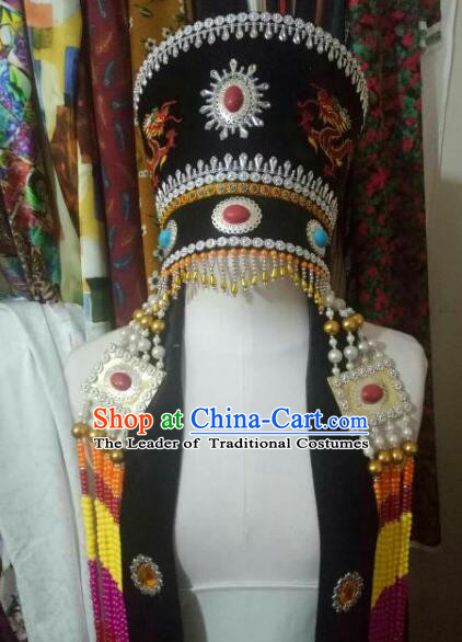 Chinese Traditional Mongolian Wedding Black Hats Mongol Nationality Folk Dance Headwear for Women