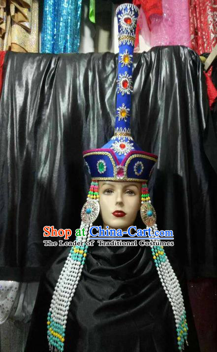 Chinese Traditional Mongolian Bride Royalblue Hats China Mongol Nationality Wedding Headwear for Women