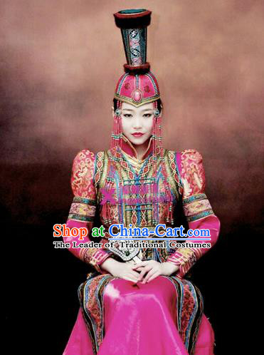 Chinese Traditional Mongolian Bride Costume China Mongol Nationality Wedding Dress and Hat for Women