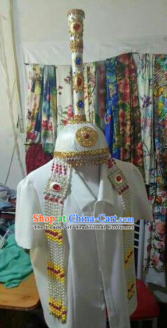 Chinese Traditional Mongolian Wedding White Hats Mongol Nationality Folk Dance Headwear for Women