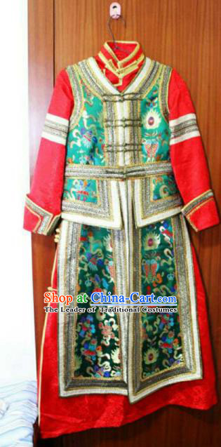 Chinese Traditional Mongolian Costume China Mongol Nationality Green Vest and Dress for Women