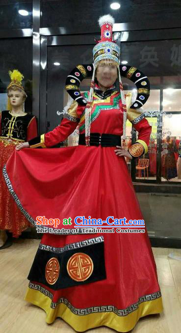 Chinese Traditional Mongolian Folk Dance Clothing China Mongol Nationality Costume and Hat for Women