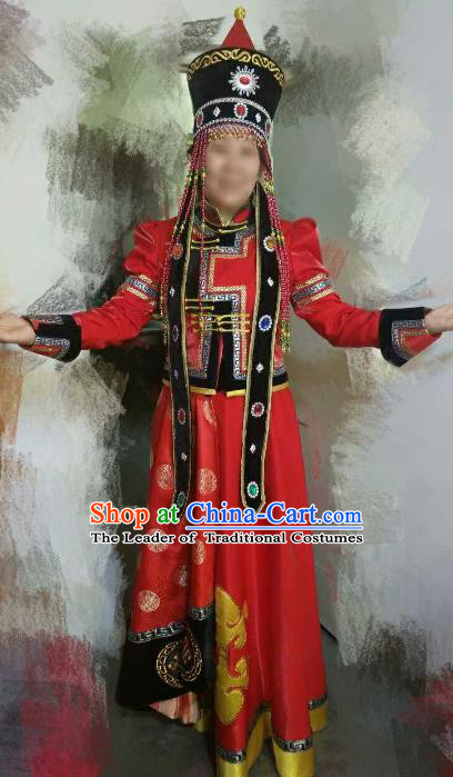 Chinese Traditional Mongolian Folk Dance Clothing China Mongol Nationality Wedding Costume and Hat for Women
