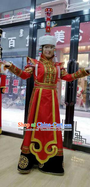 Chinese Traditional Mongolian Folk Dance Clothing China Mongol Nationality Bride Wedding Red Dress for Women