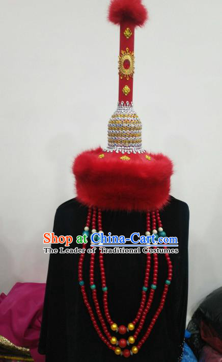 Chinese Traditional Mongolian Princess Red Fur Hats Mongol Nationality Hair Accessories Folk Dance Headwear for Women
