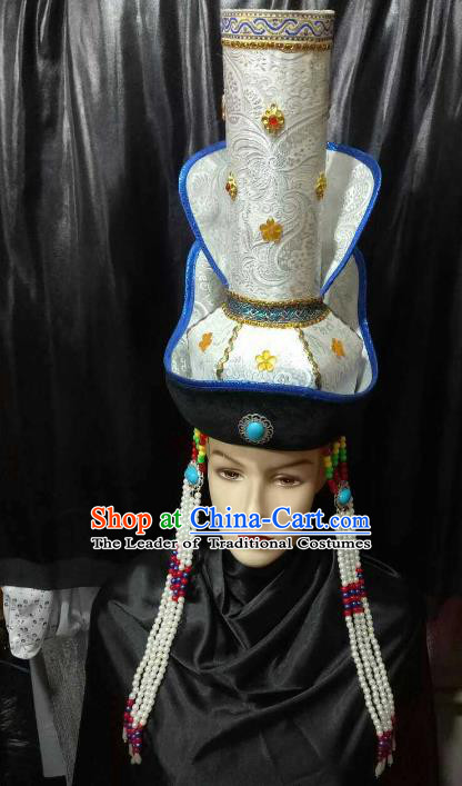 Chinese Traditional Mongolian Wedding White Hats China Mongol Nationality Bride Headwear for Women
