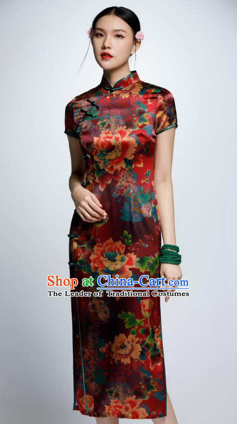 Chinese Traditional Printing Peony Silk Cheongsam China National Costume Qipao Dress for Women