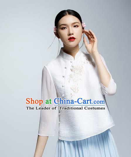 Chinese Traditional Costume Embroidered White Cheongsam Blouse China National Upper Outer Garment Shirt for Women