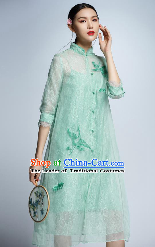 Chinese Traditional Embroidered Crane Green Cheongsam China National Costume Tang Suit Qipao Dress for Women