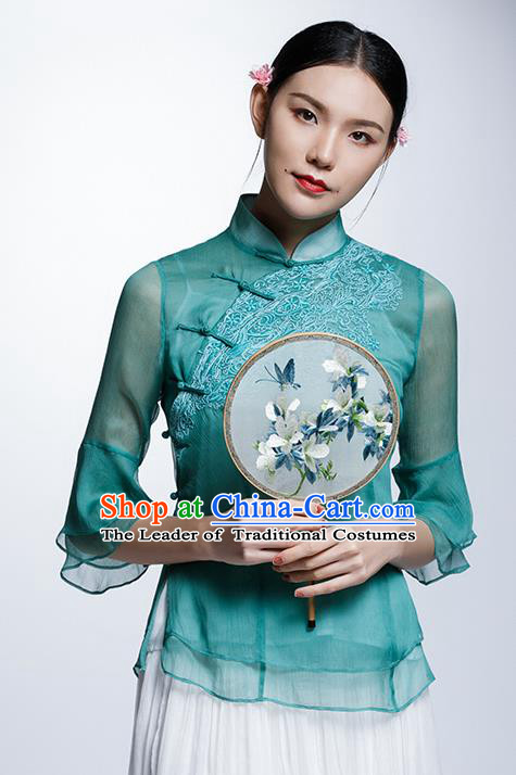 Chinese Traditional Costume Embroidered Green Organza Cheongsam Blouse China National Upper Outer Garment Shirt for Women
