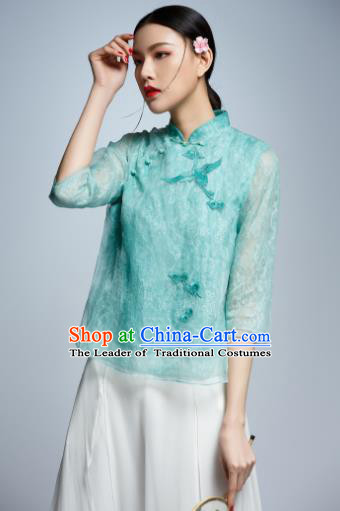 Chinese Traditional Costume Embroidered Crane Green Cheongsam Blouse China National Upper Outer Garment Shirt for Women
