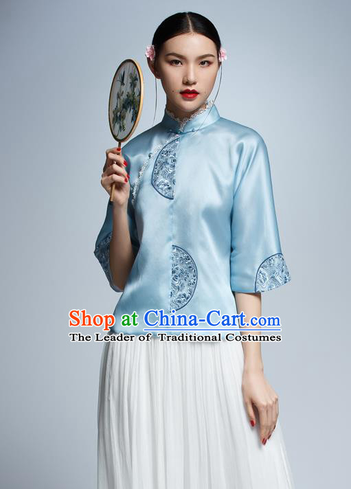 Chinese Traditional Costume Embroidered Blue Cheongsam Blouse China National Upper Outer Garment Shirt for Women