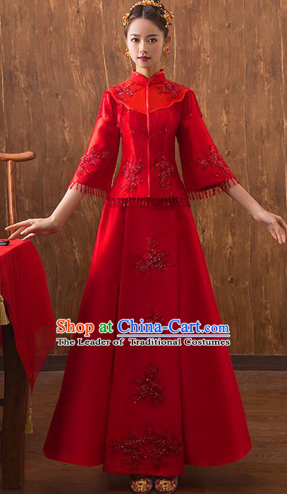 Traditional Chinese Embroidered Red Xiuhe Suit Ancient Wedding Dress Toast Cheongsam for Women