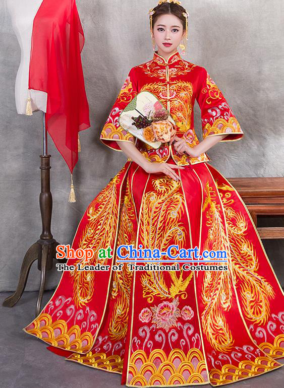 Traditional Chinese Ancient Bottom Drawer Embroidered Phoenix Peony Xiuhe Suit Wedding Dress Toast Red Cheongsam for Women