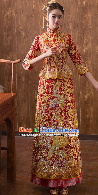 Traditional Chinese Ancient Red Diamante Bottom Drawer Embroidered Dragon Phoenix Xiuhe Suit Wedding Dress Toast Cheongsam for Women