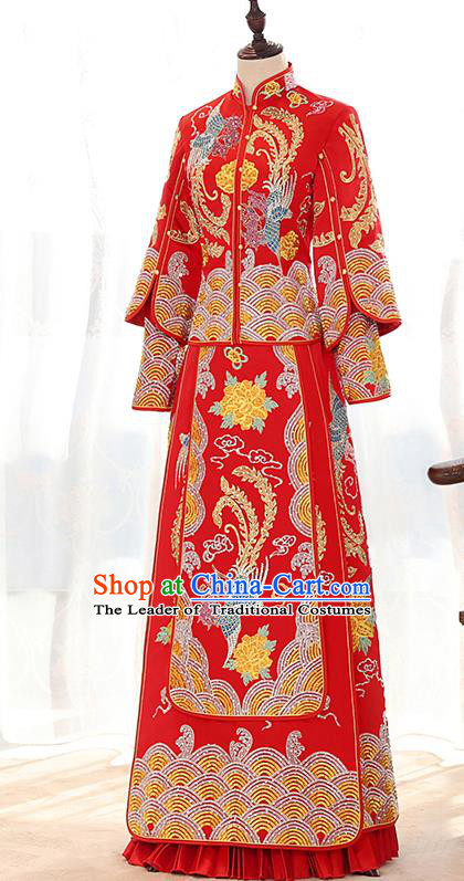 Traditional Chinese Ancient Red Bottom Drawer Embroidered Diamante Xiuhe Suit Wedding Dress Toast Cheongsam for Women