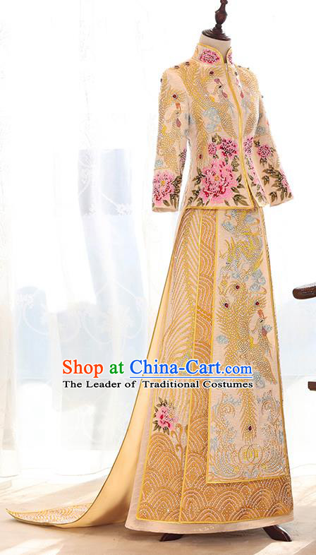 Traditional Chinese Ancient Yellow Trailing Bottom Drawer Embroidered Diamante Xiuhe Suit Wedding Dress Toast Cheongsam for Women