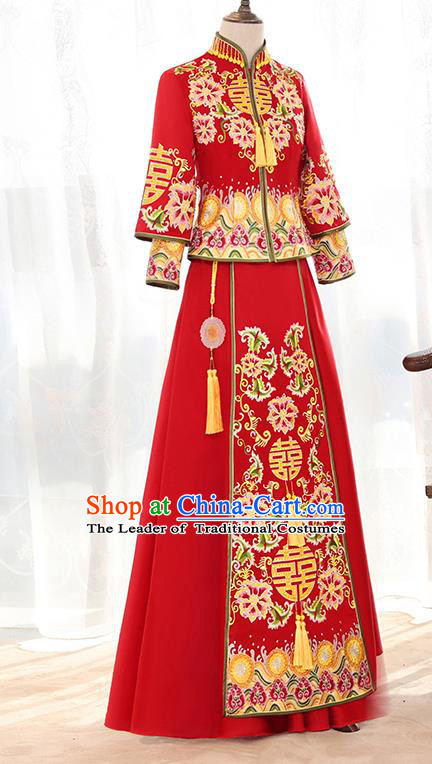 Traditional Chinese Ancient Bottom Drawer Embroidered Flowers Xiuhe Suit Wedding Dress Toast Cheongsam for Women