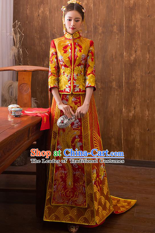 Traditional Chinese Ancient Red Bottom Drawer Embroidered Peony Xiuhe Suit Wedding Dress Toast Cheongsam for Women