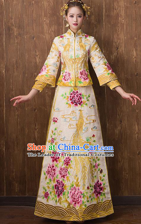 Traditional Chinese Ancient Yellow Toast Cheongsam Embroidered Peony Bottom Drawer Xiuhe Suit Wedding Dress for Women
