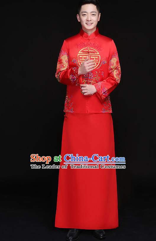 Chinese Traditional Bridegroom Embroidered Flowers Dragon Costume Ancient Tang Suit Clothing for Men