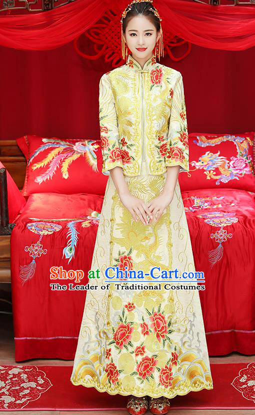 Traditional Chinese Ancient Embroidered Phoenix Peony Yellow Toast Cheongsam Bottom Drawer Xiuhe Suit Wedding Dress for Women