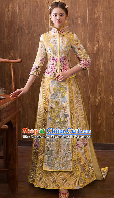 Traditional Chinese Ancient Diamante Trailing Yellow Bottom Drawer Embroidered Phoenix Xiuhe Suit Wedding Dress Toast Cheongsam for Women