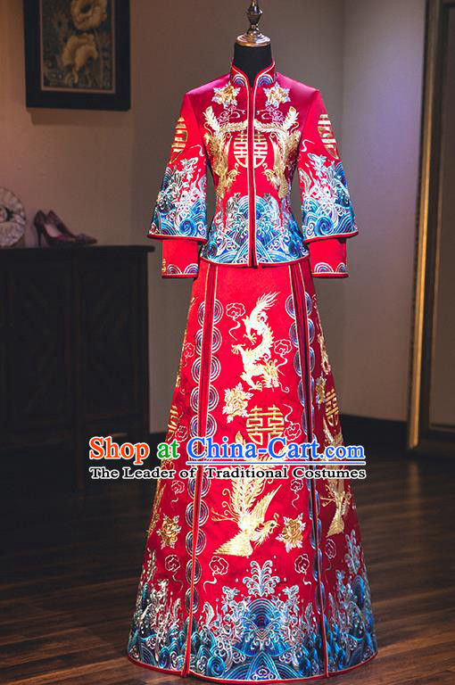 Chinese Traditional Wedding Embroidered Dragon and Phoenix Bottom Drawer Ancient Bride Xiuhe Suit Costume for Women