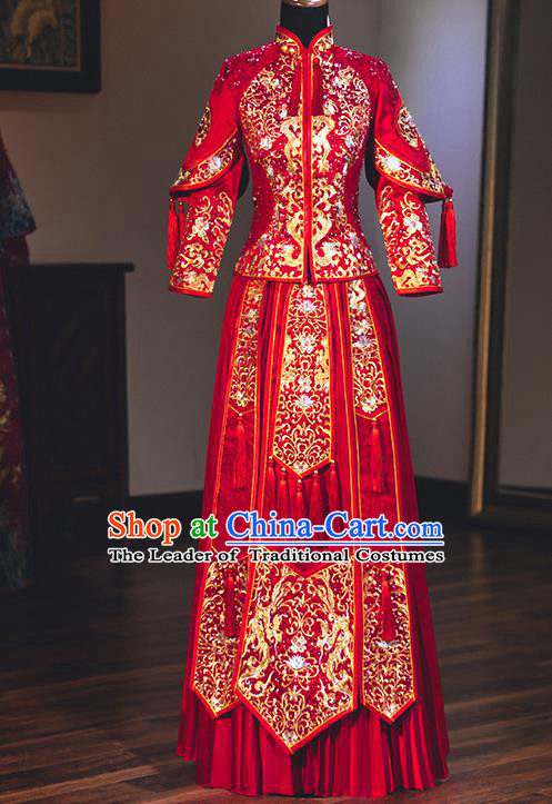 Chinese Traditional Wedding Embroidered Dress Diamante Bottom Drawer Ancient Bride Xiuhe Suit Costume for Women