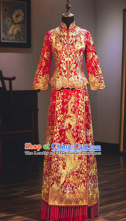 Chinese Traditional Toast Clothing Delicate Embroidered Wedding Dress Ancient Bride Longfeng Flown Xiuhe Suit for Women