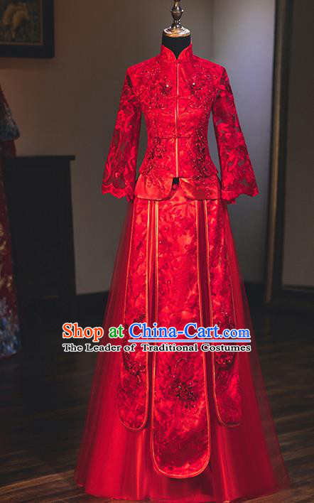 Chinese Traditional Delicate Embroidered Lace Wedding Toast Dress Ancient Bride Longfeng Flown Xiuhe Suit for Women