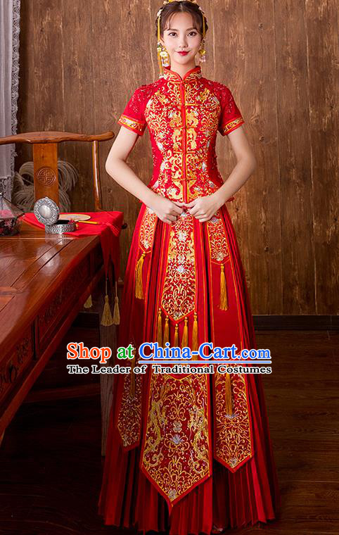 Chinese Traditional Embroidered Wedding Dress Ancient Bride Toast Longfeng Flown Xiuhe Suit for Women
