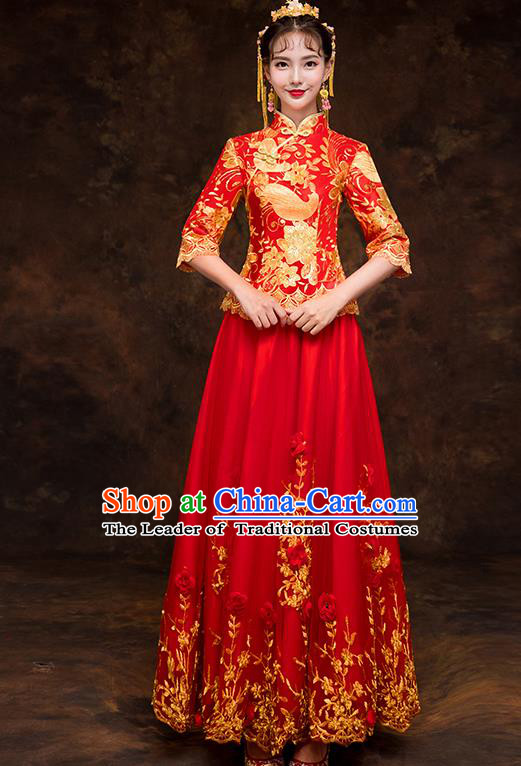 Chinese Traditional Embroidered Cheongsam Wedding Dress Ancient Bride Xiuhe Suit for Women