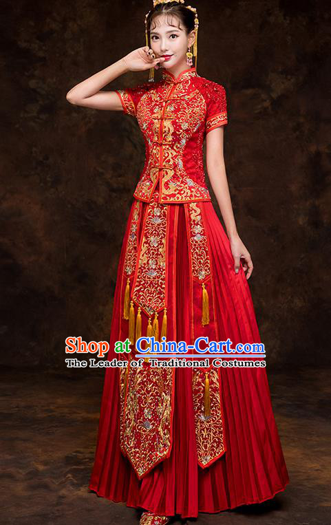Chinese Traditional Cheongsam Embroidered Wedding Dress Ancient Bride Xiuhe Suit for Women