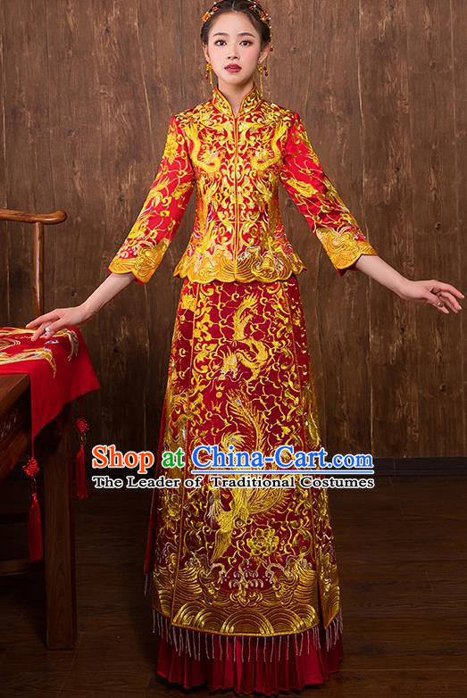 Chinese Traditional Embroidered Golden Phoenix Xiuhe Suit Wedding Dress Ancient Bride Cheongsam for Women