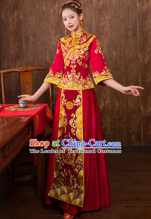 Chinese Traditional Embroidered Red Xiuhe Suit Wedding Dress Ancient Bride Cheongsam for Women