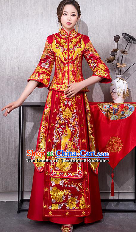 Chinese Traditional Embroidered Bridal Xiuhe Suit Wedding Dress Ancient Bride Cheongsam for Women