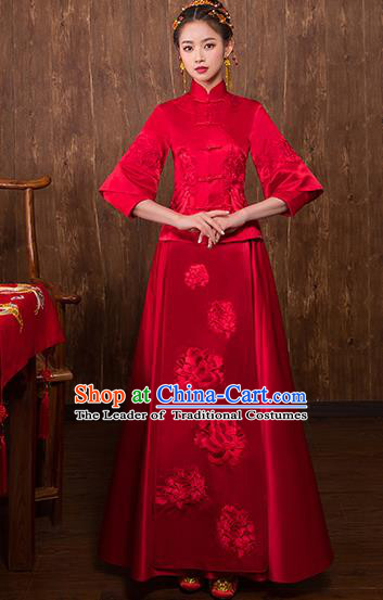 Chinese Traditional Embroidered Peony Bridal Xiuhe Suit Wedding Dress Ancient Bride Cheongsam for Women