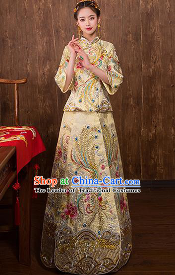 Chinese Traditional Embroidered Phoenix Bridal Golden Xiuhe Suit Wedding Dress Ancient Bride Cheongsam for Women