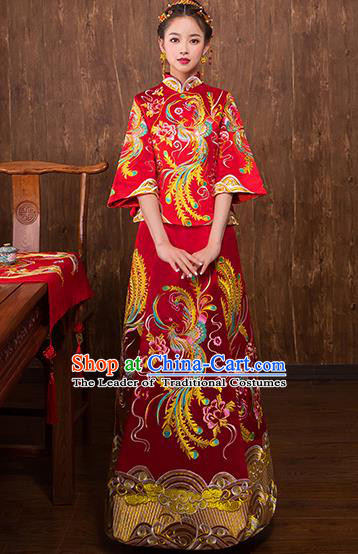 Chinese Traditional Embroidered Phoenix Bridal Red Xiuhe Suit Wedding Dress Ancient Bride Cheongsam for Women