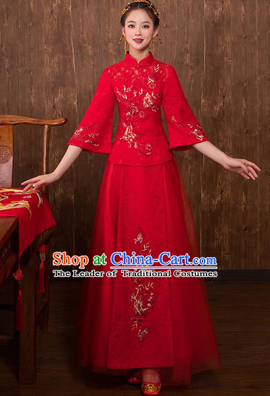 Chinese Traditional Embroidered Peony Bridal Red Xiuhe Suit Wedding Dress Ancient Bride Cheongsam for Women