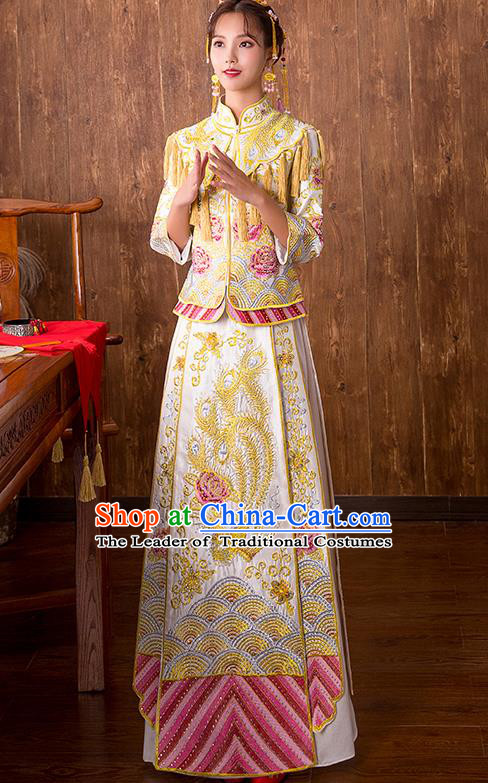 Chinese Traditional Bridal Yellow Xiuhe Suit Embroidered Peony Wedding Dress Ancient Bride Cheongsam for Women