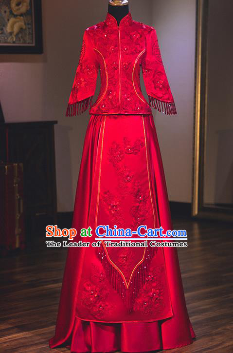 Chinese Traditional Delicate Embroidered Wedding Dress Ancient Bride Longfeng Flown Xiuhe Suit Costume for Women