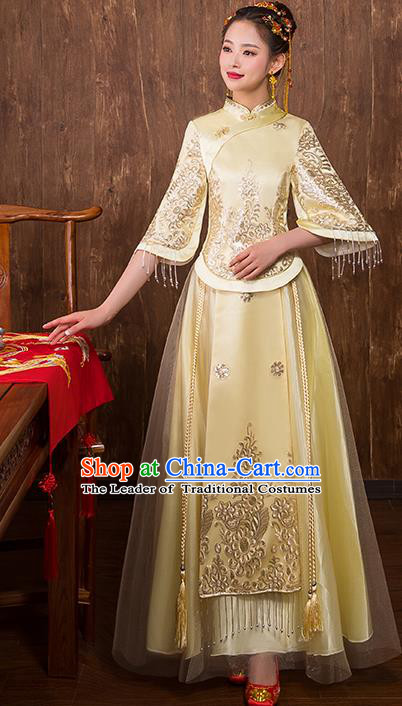 Chinese Traditional Bridal Toast Xiuhe Suit Golden Wedding Dress Ancient Bride Cheongsam for Women