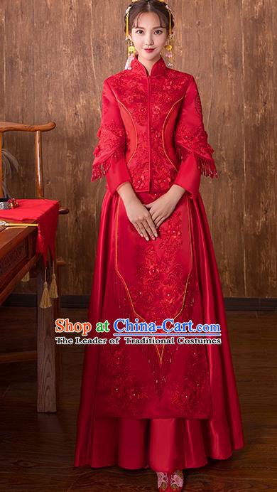 Chinese Traditional Bridal Toast Xiuhe Suit Wedding Dress Ancient Bride Embroidered Red Cheongsam for Women