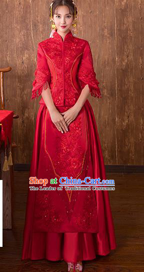 Chinese Traditional Bridal Embroidered Toast Xiuhe Suit Wedding Dress Ancient Bride Red Cheongsam for Women