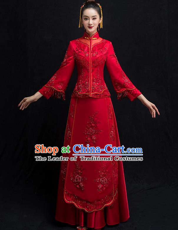 Chinese Traditional Bridal Embroidered Toast Xiuhe Suit Diamante Wedding Dress Ancient Bride Red Cheongsam for Women